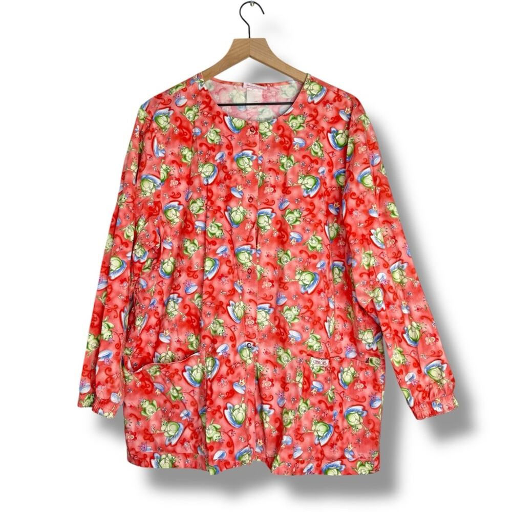 Vintage Y2K Cherokee Frog Princess Scrub Jacket Whimsical Nurse L